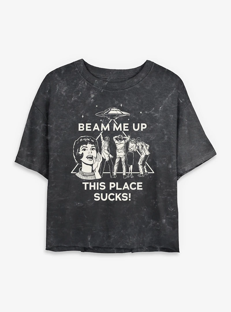 Stranger Things Beam Me Up Womens Mineral Wash Crop T-Shirt