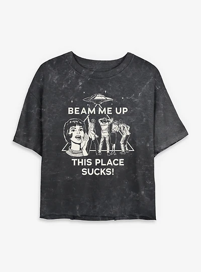 Stranger Things Beam Me Up Womens Mineral Wash Crop T-Shirt