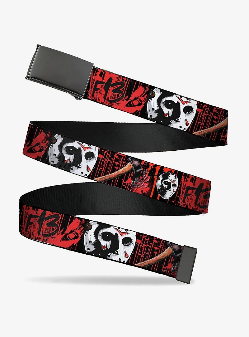 Friday the 13th Jason Mask Axe Blood Splatter Clamp Buckle Belt