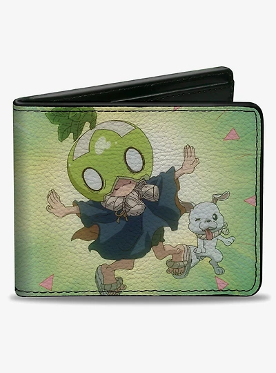 Dr. Stone Suika and Chalk Dancing Pose and Title Logo Greens Bifold Wallet