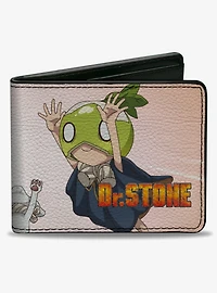 Dr. Stone Sagara Chalk and Suika Hands Up Pose and Logo Beige Bifold Wallet