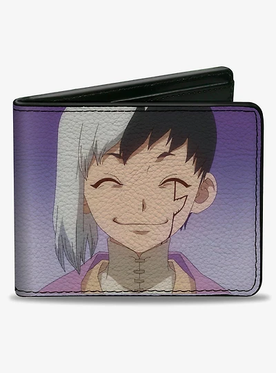 Dr. Stone Gen Asagiri Smiling Pose and Title Logo Purples Bifold Wallet
