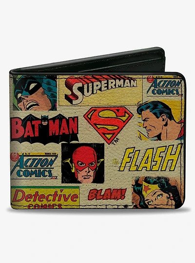 DC Comics DC Comics Justice League Retro Superhero Faces Logos Collage Bifold Wallet