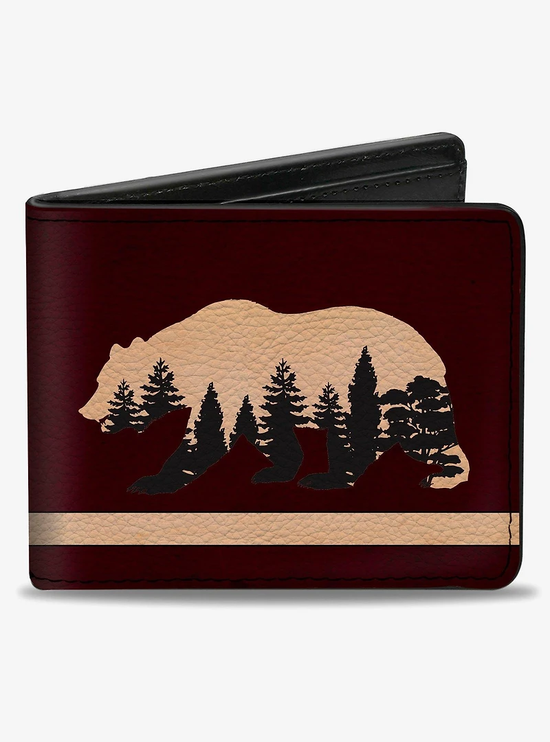 Cali Bear Silhouette with Trees Stripe Burgundy Tan Bifold Wallet