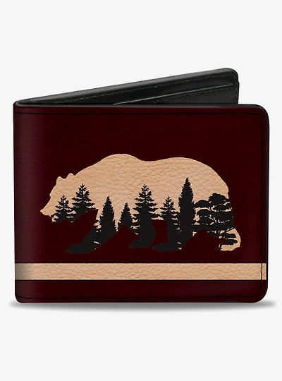 Cali Bear Silhouette with Trees Stripe Burgundy Tan Bifold Wallet