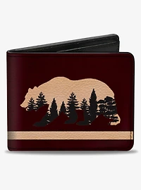 Cali Bear Silhouette with Trees Stripe Burgundy Tan Bifold Wallet