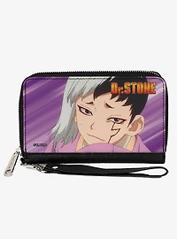 Dr. Stone Gen Asagiri Face and Title Logo Purples Zip Around Wallet