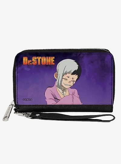 Dr. Stone Gen Asagiri Laughing Pose Title Logo Purples Zip Around Wallet