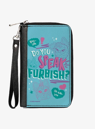 Furby Do You Speak Furbish Poses and Quote Purple Zip Around Wallet