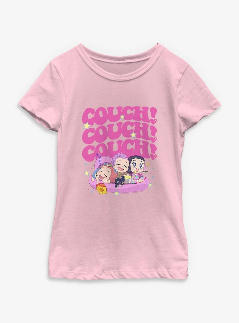 KPop Demon Hunters Huntrix Chibi Couch Snacking Youth Girls T-Shirt