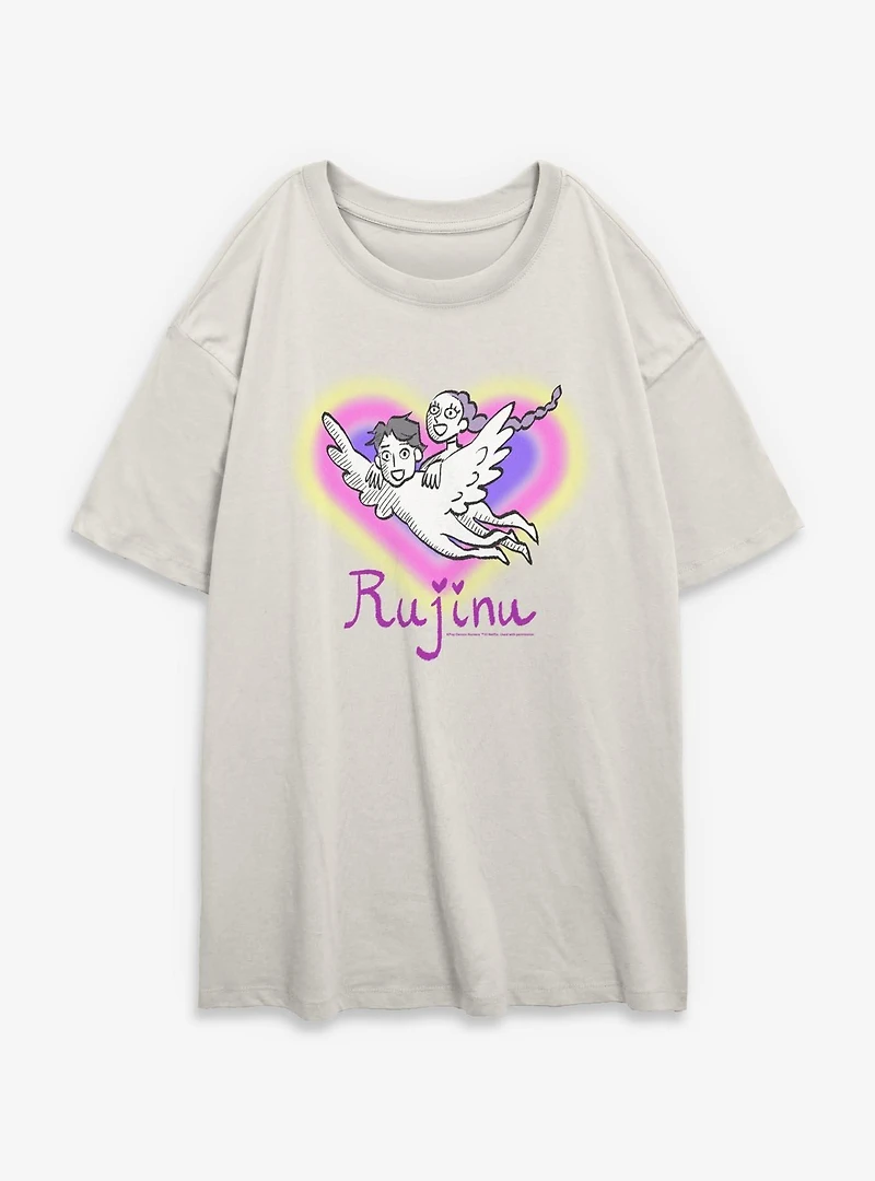 KPop Demon Hunters Rumi and Jinu Rujinu Heart Womens Oversized T-Shirt