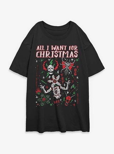 Stranger Things All I Want For Christmas Hellfire Club Womens Oversized T-Shirt