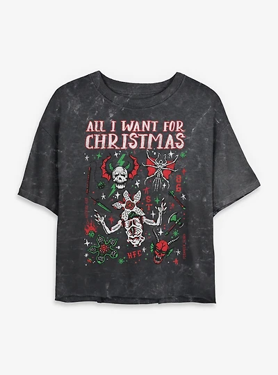 Stranger Things All I Want For Christmas Hellfire Club Womens Mineral Wash Crop T-Shirt