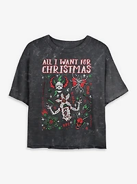 Stranger Things All I Want For Christmas Hellfire Club Womens Mineral Wash Crop T-Shirt