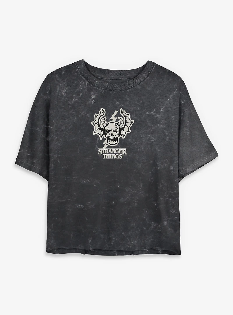 Stranger Things Hellfire Club Skull Logo Womens Mineral Wash Crop T-Shirt