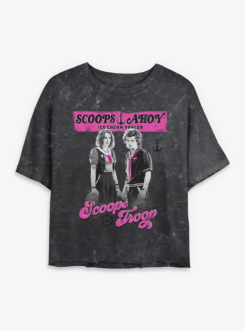 Stranger Things Scoops Ahoy Vintage Scoop Troop Womens Mineral Wash Crop T-Shirt
