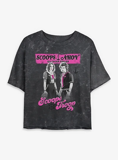 Stranger Things Scoops Ahoy Vintage Scoop Troop Womens Mineral Wash Crop T-Shirt