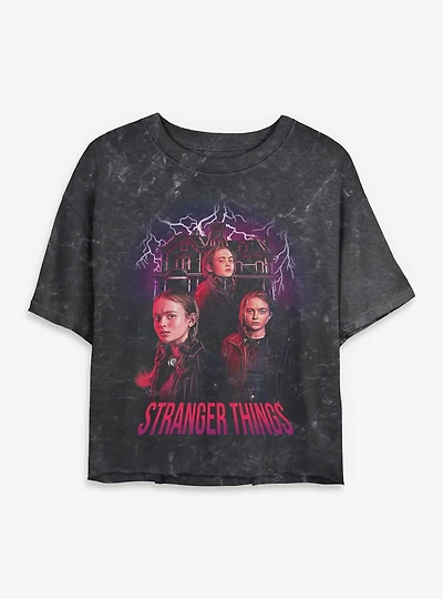 Stranger Things Max Creel House Collage Womens Mineral Wash Crop T-Shirt