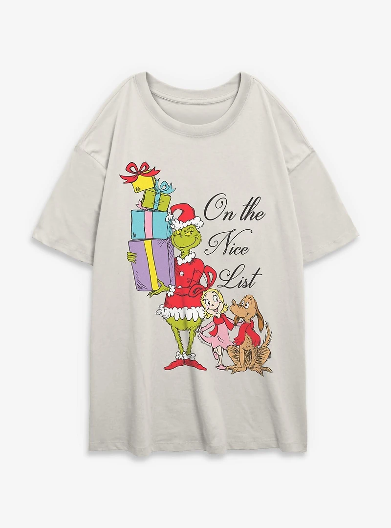 Dr. Seuss Grinch Presents Nice List Womens Oversized T-Shirt