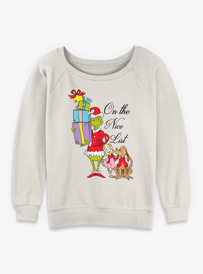 Dr. Seuss Grinch Presents Nice List Womens Slouchy Sweatshirt