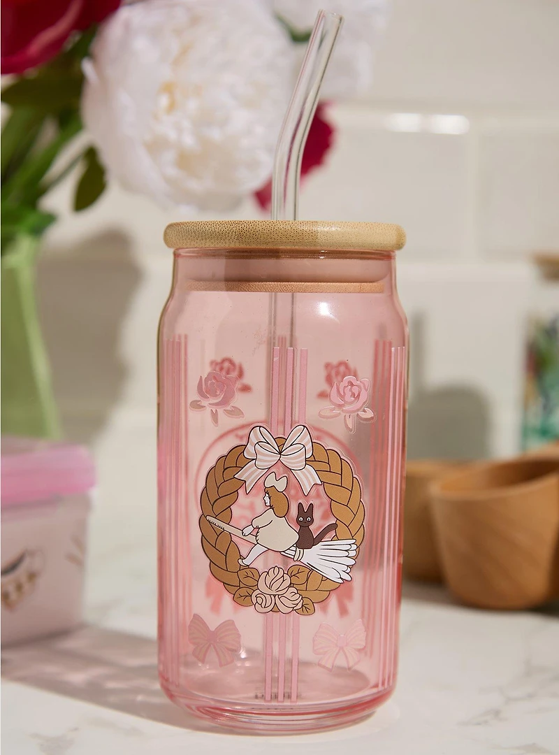 Studio Ghibli® Kiki's Delivery Service Kiki & Jiji Wreath Floral Glass Cup with Straw - BoxLunch Exclusive