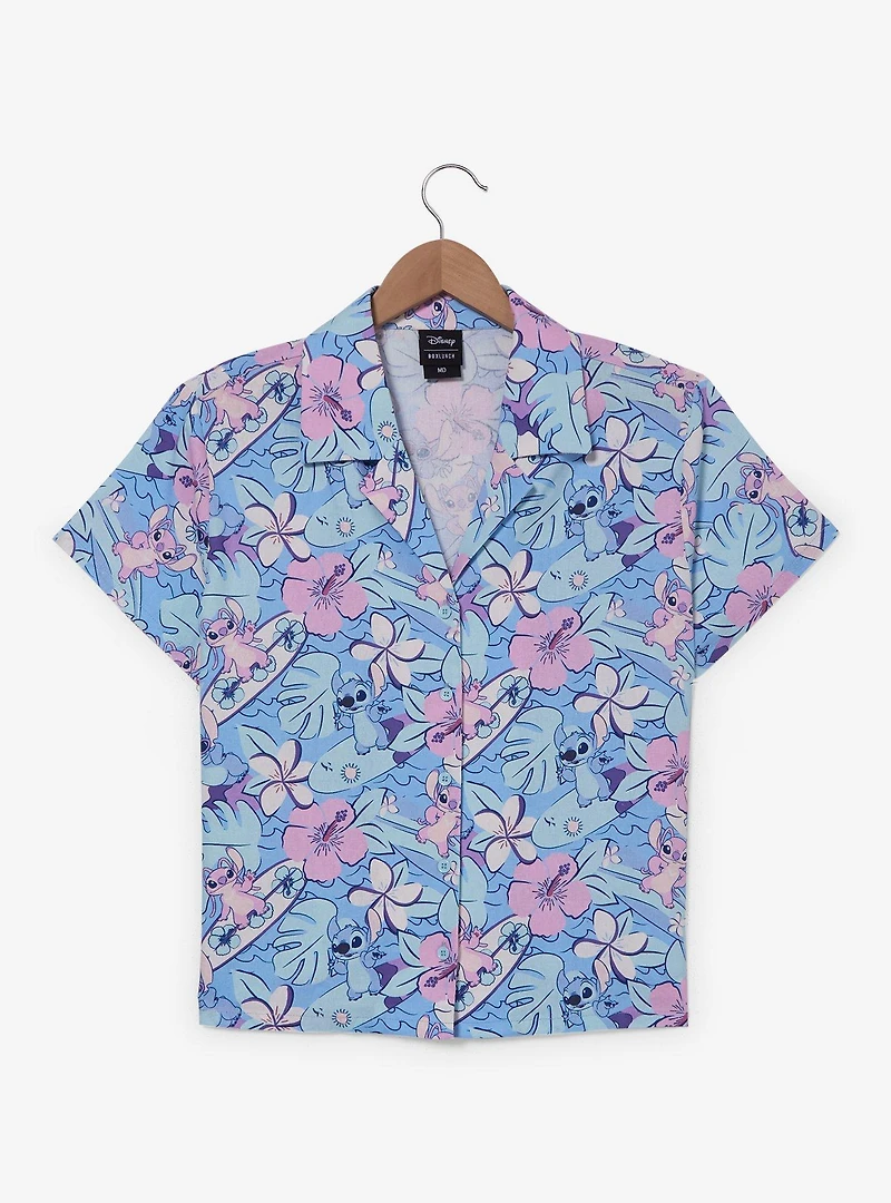 Disney Lilo & Stitch Tropical Allover Print Women's Cropped Woven Button-Up - BoxLunch Exclusive