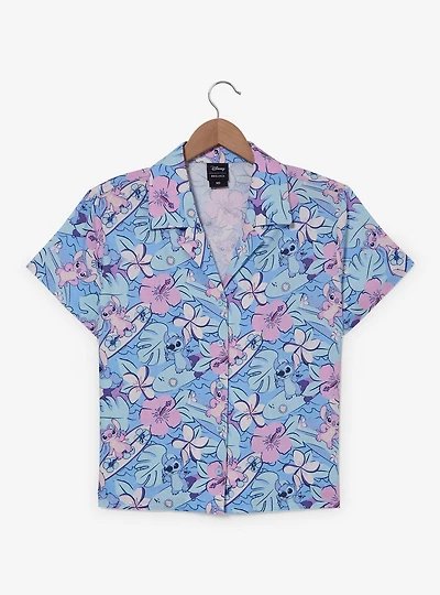 Disney Lilo & Stitch Tropical Allover Print Women's Cropped Woven Button-Up - BoxLunch Exclusive