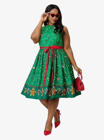 Unique Vintage Plus Gingerbread Man Border Print Sleeveless Cotton Swing Dress