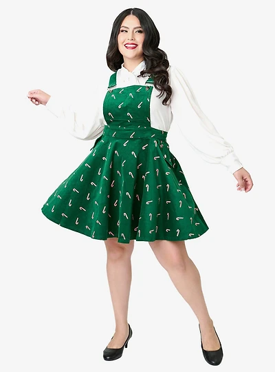 Unique Vintage Plus Green & Candy Cane Stamp Brionne Pinafore Skirt