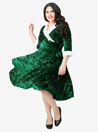 Unique Vintage Plus Emerald Crushed Velvet & White Fur Delores Swing Dress