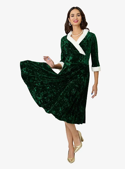 Unique Vintage Emerald Crushed Velvet & White Fur Delores Swing Dress