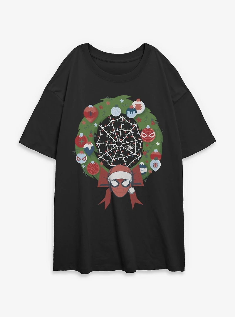 Marvel Spider-Man Christmas Wreath Womens Oversized T-Shirt
