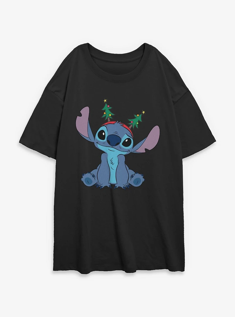 Disney Lilo & Stitch Xmas Tree Antennas Womens Oversized T-Shirt