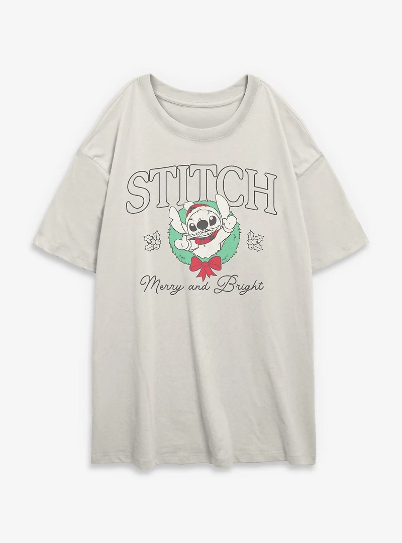 Disney Lilo & Stitch Merry and Bright Wreath  Womens Oversized T-Shirt