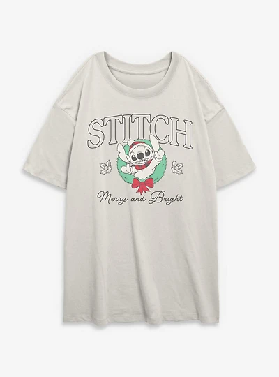 Disney Lilo & Stitch Merry and Bright Wreath  Womens Oversized T-Shirt