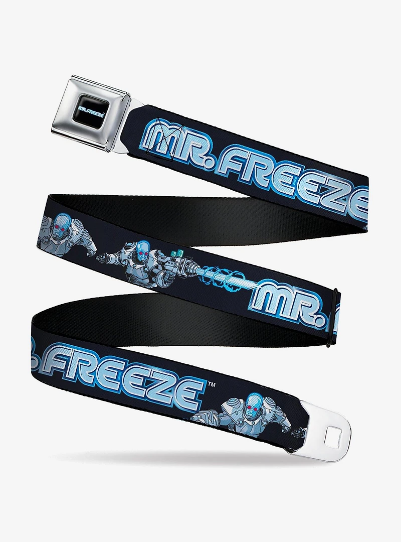 DC Comics Batman Villain Mr Freeze Poses and Logo Seatbelt Buckle Belt