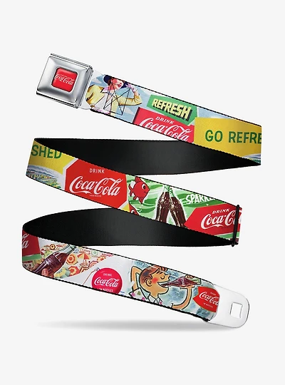 Vintage Coca-Cola Go Refreshed Ads and Icons Collage Seatbelt Buckle Belt