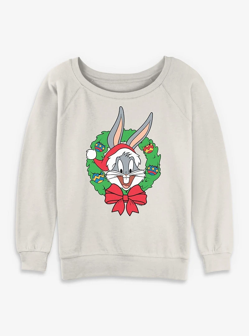 Looney Tunes Bugs Bunny Christmas Wreath Womens Slouchy Sweatshirt
