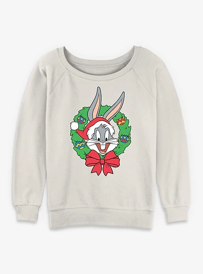 Looney Tunes Bugs Bunny Christmas Wreath Womens Slouchy Sweatshirt
