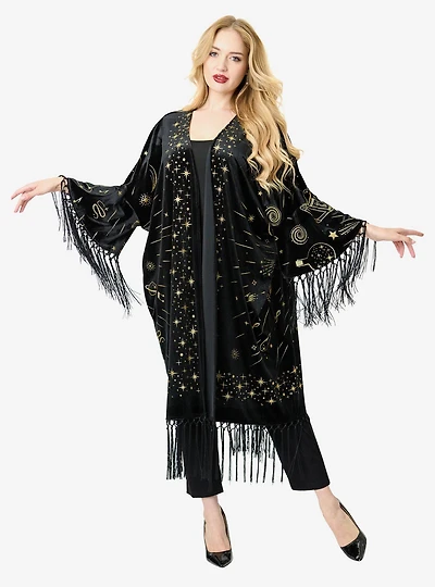 Disney Fantasia Collection by Unique Vintage Sorcerers Apprentice Black Velvet Fringe Kimono