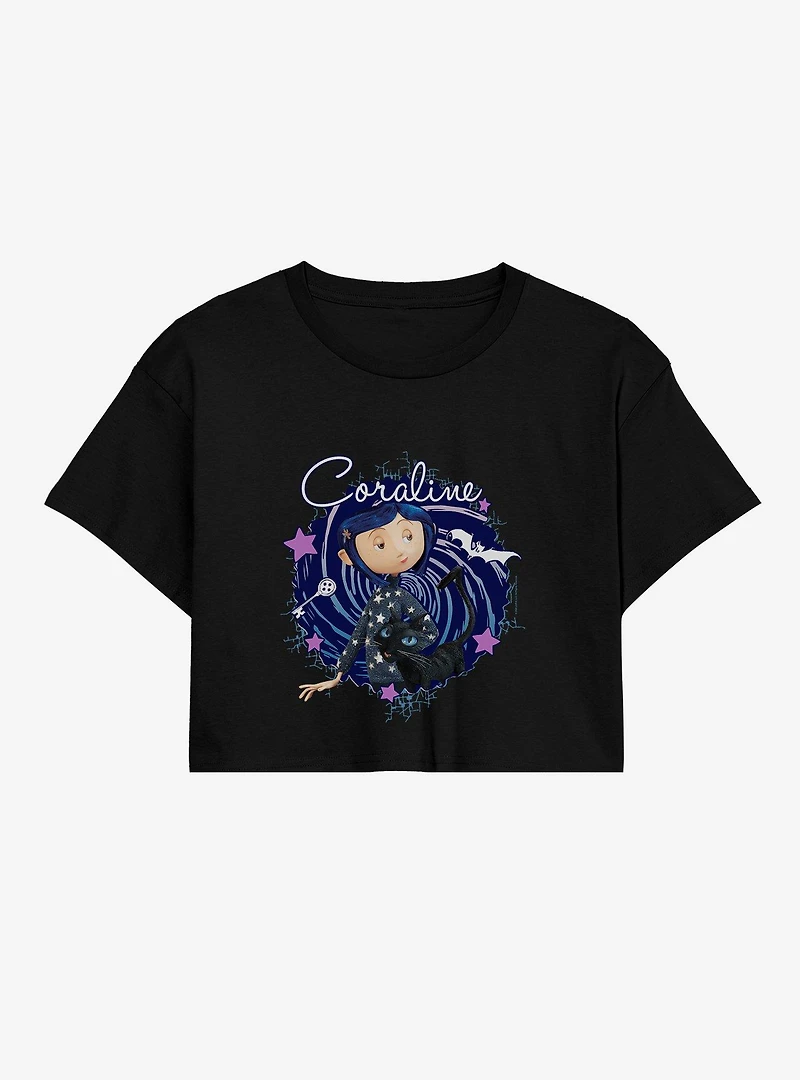Coraline The Cat Swirl And Stars Crop T-Shirt