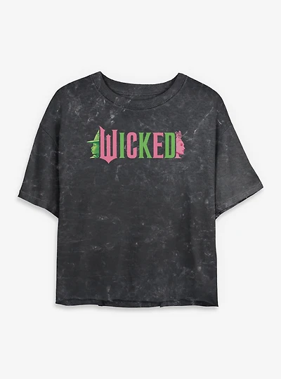Wicked Elphaba and Glinda Silhouettes Logo Womens Mineral Wash Crop T-Shirt