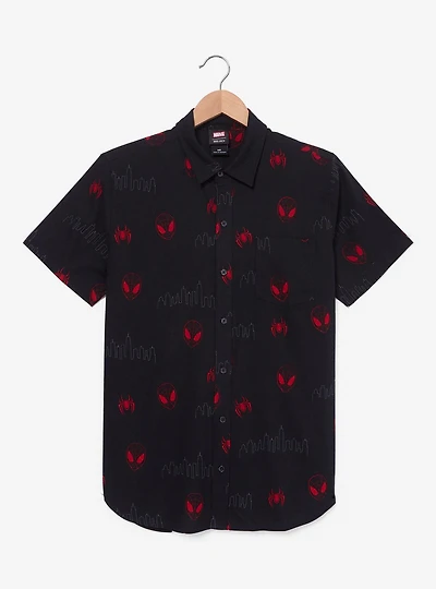 Marvel Spider-Man Miles Morales Mask Allover Print Woven Button-Up — BoxLunch Exclusive