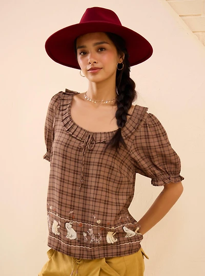 Disney Winnie the Pooh and Friends Autumn Plaid Embroidered Women's Puff Sleeve Top - BoxLunch Exclusive