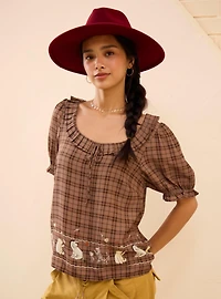 Disney Winnie the Pooh and Friends Autumn Plaid Embroidered Women's Puff Sleeve Top - BoxLunch Exclusive