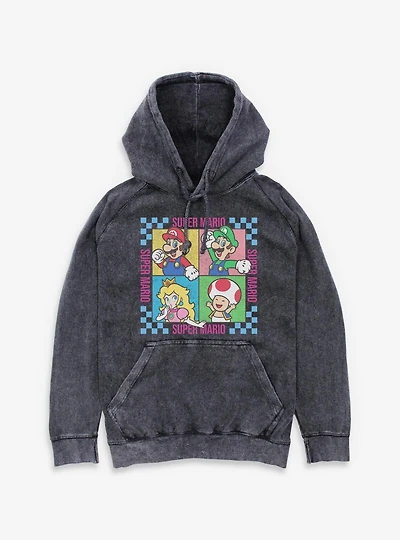 Nintendo Super Mario Checkered Squares Characters Mineral Wash Hoodie