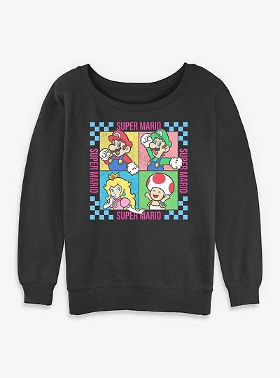 Nintendo Super Mario Checkered Squares Characters Womens Slouchy Sweatshirt