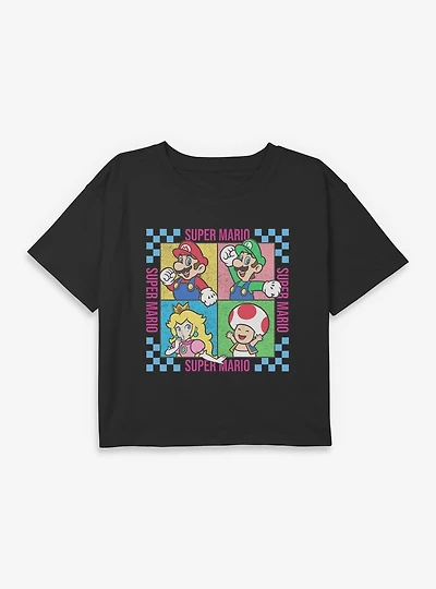 Nintendo Super Mario Checkered Squares Characters Youth Girls Boxy Crop T-Shirt