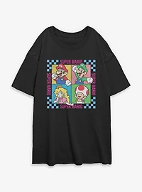 Nintendo Super Mario Checkered Squares Characters Womens Oversized T-Shirt
