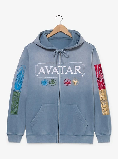 Avatar: The Last Airbender Four Elements Vintage Acid Wash Zippered Hoodie - BoxLunch Exclusive